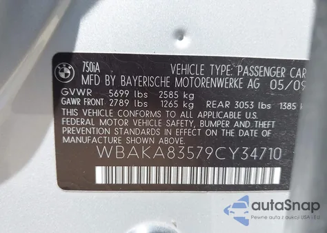 2009 BMW 750I from USA, damaged, VIN WBAKA83579CY34710